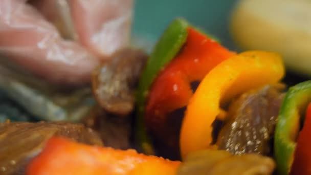 Kebabs Ternera Marinados Con Verduras Preparadas Parrilla Cocinero Pone Albóndiga — Vídeos de Stock