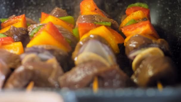 Kebabs Carne Vaca Marinada Com Legumes Preparados Grelha — Vídeo de Stock