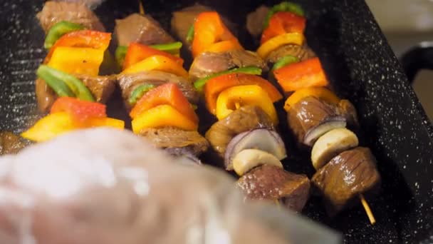 Kebabs Bœuf Marinés Avec Des Légumes Préparés Sur Gril Cuisinier — Video