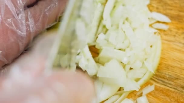 Chef Corta Profesionalmente Cebollas Con Cuchillo — Vídeo de stock