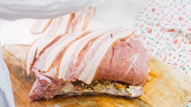 Bacon Zawinięte Pork Loin Pieczone Apple Cider Przepis Zrób Kratę — Wideo stockowe