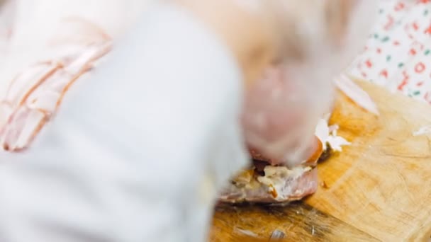 Bacon Loin Maiale Impacchettato Arrosto Nella Ricetta Del Sidro Mele — Video Stock