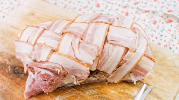 Bacon Zawinięte Pork Loin Pieczone Apple Cider Przepis Wieprzowina Gotowana — Wideo stockowe
