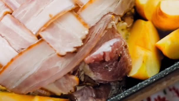 Bacon Envolto Lombo Porco Assado Receita Cidra Aplicável Porco Cozido — Vídeo de Stock