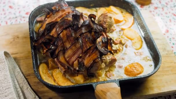 Bacon Csomagolva Pork Loin Sült Apple Cider Recept Sertés Grillsütőn — Stock videók