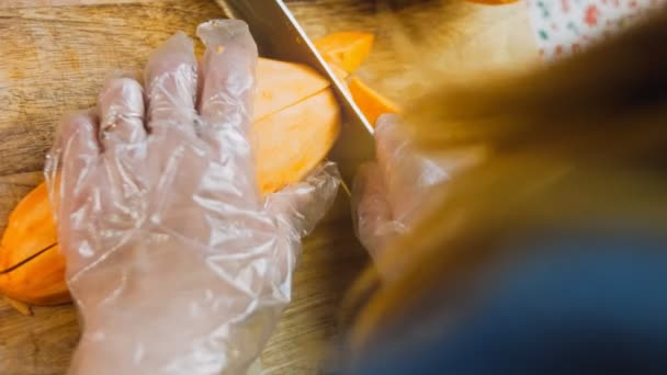 Chef Cuts Sweet Potatoes Slices Romantic Atmosphere Background — Stock Video