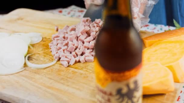 Chef Cuts Ham Square Shapes — Stock Video