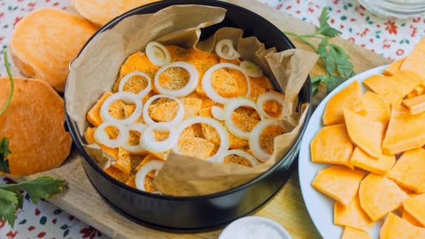 Batat Édesburgonya Torta Burgonya Sonka Parmezán Recept — Stock videók