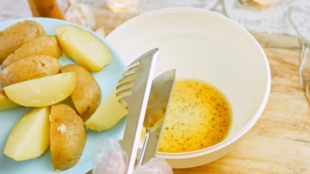 Cook Puts Boiled Potatoes Bowl Tongs — Stock Video