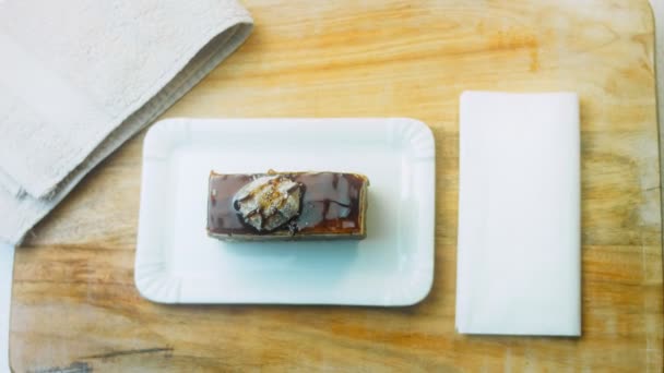 Chocolate Cake Koldun Chef Puts Gold Fork Retro Style Table — Stock Video