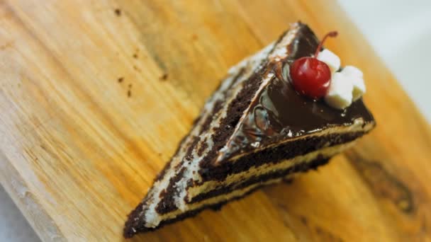 Vegan Coconut Cream Cake Chocolate Cake Has Cherry Jelly Macro — Stock Video