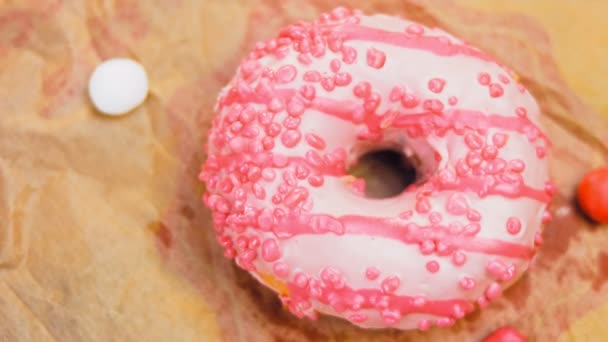 Pink Donuts Decorated Pink Icing Donuts Piece Paper Decorated Candy — Stock Video