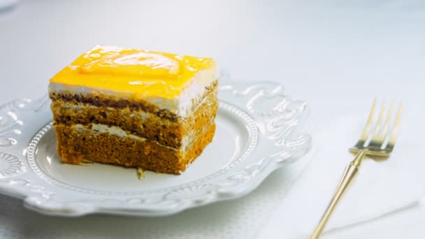 Piece Tangerine Cake Jelly Cake Retro Style Plate Macro Slider — Stock Video