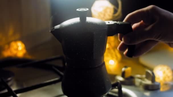 Woman Removes Coffee Maker Stove Coffee Brewing Process Coffee Maker — Stock Video
