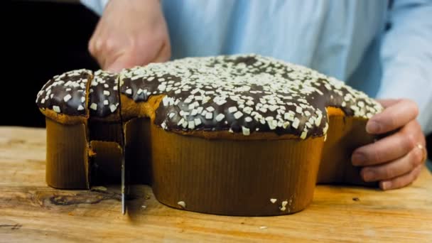 Kadın Çikolatalı Keki Bıçakla Keser Arka Planda Kağıttan Yapılmış Paskalya — Stok video