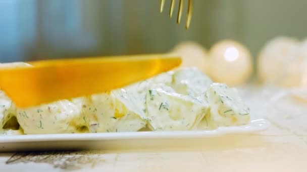 Chef Holds His Hand Golden Fork Potato Salad Tender Potato — Stock Video