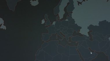 Siber saldırı için farklı hedefleri olan bir dünya haritası. Hackleme ve teknoloji konsepti. Monitör piksellerinde makro çekim.
