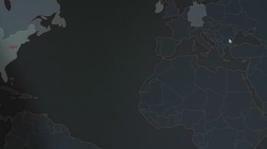 Siber saldırı için farklı hedefleri olan bir dünya haritası. Hackleme ve teknoloji konsepti. Monitör piksellerinde makro çekim.