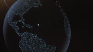 Siber saldırı için farklı hedefleri olan bir dünya haritası. Hackleme ve teknoloji konsepti. Monitör piksellerinde makro çekim.