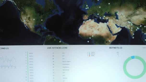 具有不同网络攻击目标的世界地图 黑客和技术概念 宏射击监视器像素 — 图库视频影像