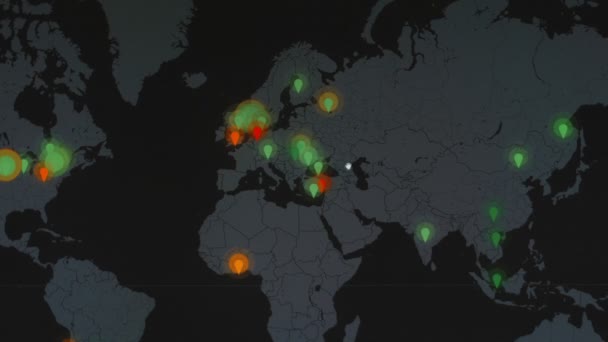 Mapa Světa Různými Cíli Pro Kybernetický Útok Hackerský Technologický Koncept — Stock video