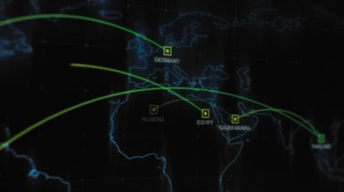 Siber saldırı için farklı hedefleri olan bir dünya haritası. Hackleme ve teknoloji konsepti. Monitör piksellerinde makro çekim.