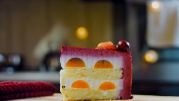 Slice Cake Strawberries White Red Cherries Cake Has Special Dome — Stock Video