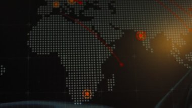 Siber saldırı için farklı hedefleri olan bir dünya haritası. Hackleme ve teknoloji konsepti. Makro monitör piksellerine ateş ediyor. Panik etkisi.