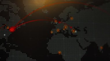 Siber saldırı için farklı hedefleri olan bir dünya haritası. Hackleme ve teknoloji konsepti. Makro monitör piksellerine ateş ediyor. Panik etkisi.