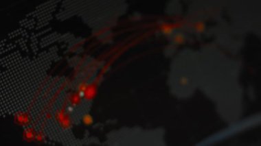 Siber saldırı için farklı hedefleri olan bir dünya haritası. Hackleme ve teknoloji konsepti. Makro monitör piksellerine ateş ediyor. Panik etkisi.