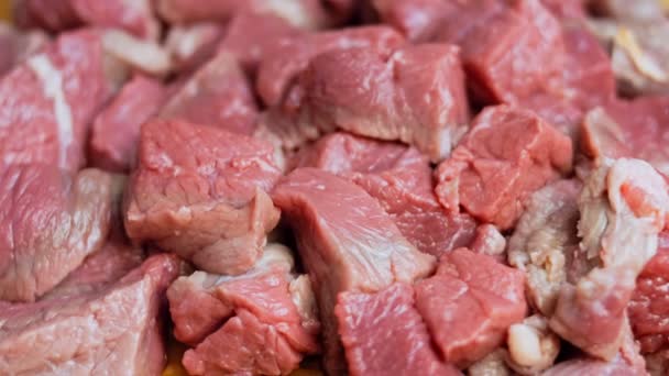 Carne Cortada Cuadrados Disparos Desde Control Deslizante Macro — Vídeos de Stock