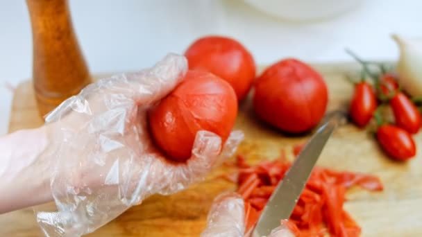 Close Peeling Skin Tomatoes Knife Cutting Board — Stock Video