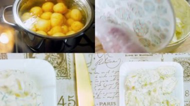 Hazırlık süreci mastard, mayonez, kırmızı soğan ve dereotlu yumuşak patates salatası gibidir. Tarifi videoda göster.