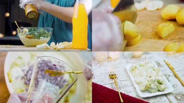 Proceso Preparación Una Ensalada Patata Tierna Con Mastard Mayonesa Cebolla — Vídeos de Stock