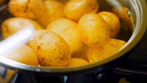 Forraljuk Fel Krumplit Egy Tálban Arany Fényű Légkör Villával Ellenőrzi — Stock videók