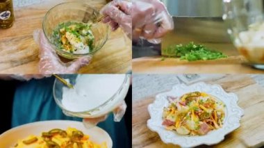 Patates salatasının hazırlandığı dört video. Jalapeno biberi, jambonlu patates salatası. Yirmili yılların modasına uygun yemekler..