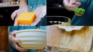 Patates salatasının hazırlandığı dört video. Jalapeno biberi, jambonlu patates salatası. Yirmili yılların modasına uygun yemekler..