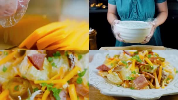 四个视频与土豆沙拉的准备 贾拉皮诺胡椒土豆沙拉和培根20年代复古风格的食物 — 图库视频影像