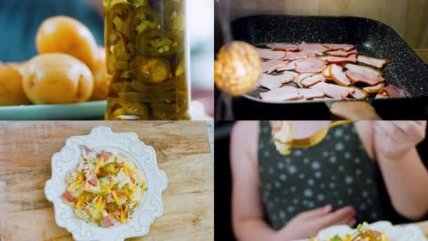 Cuatro Vídeos Con Preparación Ensalada Patata Pimiento Jalapeño Ensalada Patata — Vídeo de stock