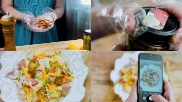 Négy Videó Burgonyasaláta Elkészítésével Jalapeno Paprika Krumplisaláta Szalonnával Élelmiszer Húszas — Stock videók