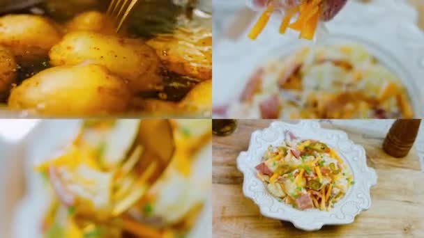 四个视频与土豆沙拉的准备 贾拉皮诺胡椒土豆沙拉和培根20年代复古风格的食物 — 图库视频影像