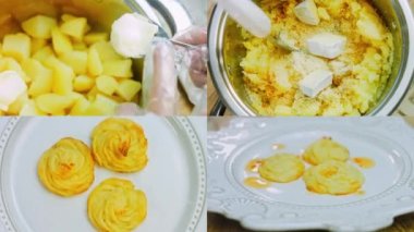Patates kurabiyelerinin hazırlandığı dört video kanonik peynir, parmesan peyniri ve ağır krema. Retro plaka ve altın çatal süslemek için kullanılır..