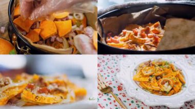 Batat 'ın tatlı patatesli kekinin hazırlandığı dört video. Patates, jambon ve parmesan tarifi..