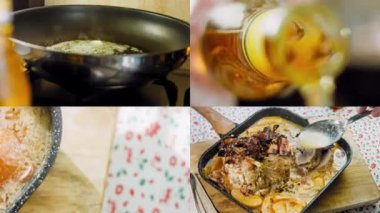 APPLE CIDER tarifinde kızartılmış domuz pastırmasının hazırlandığı dört video. Şef etin ne kadar yumuşak ve sulu olduğunu gösteriyor. Makro çekim.