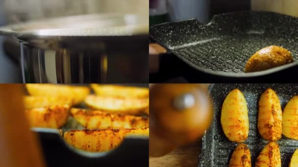 Quatro Vídeos Com Preparação Batatas Grelhadas Que Derretem Boca Ele — Vídeo de Stock