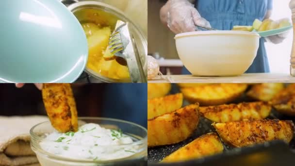 Quatro Vídeos Com Preparação Batatas Grelhadas Que Derretem Boca Ele — Vídeo de Stock