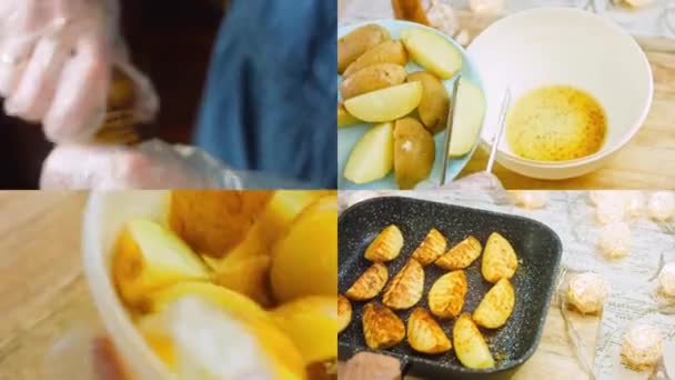 口の中でとろける焼き芋の準備をした4本の動画 レトロプレートと金のフォークを使用しています — ストック動画
