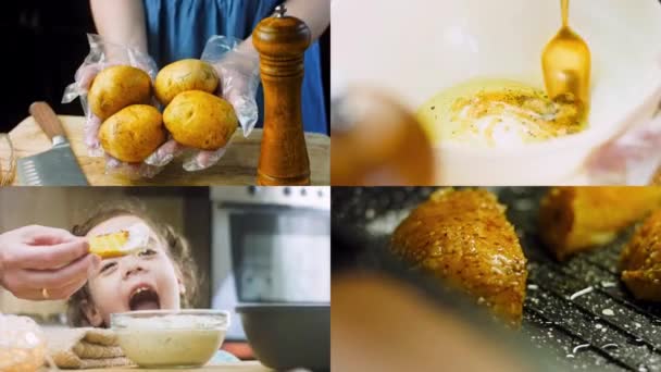 Cztery Filmy Przygotowaniem Grillowanych Ziemniaków Które Topią Się Ustach Używa — Wideo stockowe