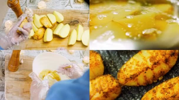 Cuatro Vídeos Con Preparación Patatas Parrilla Que Derriten Boca Utiliza — Vídeo de stock