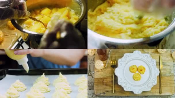 Quatro Vídeos Com Preparação Biscoitos Batata Receita Canônica Brie Parmesão — Vídeo de Stock